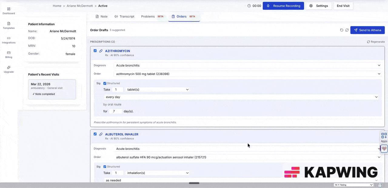 Prescription and order drafting workflow with structured sig fields ready for Athena commit